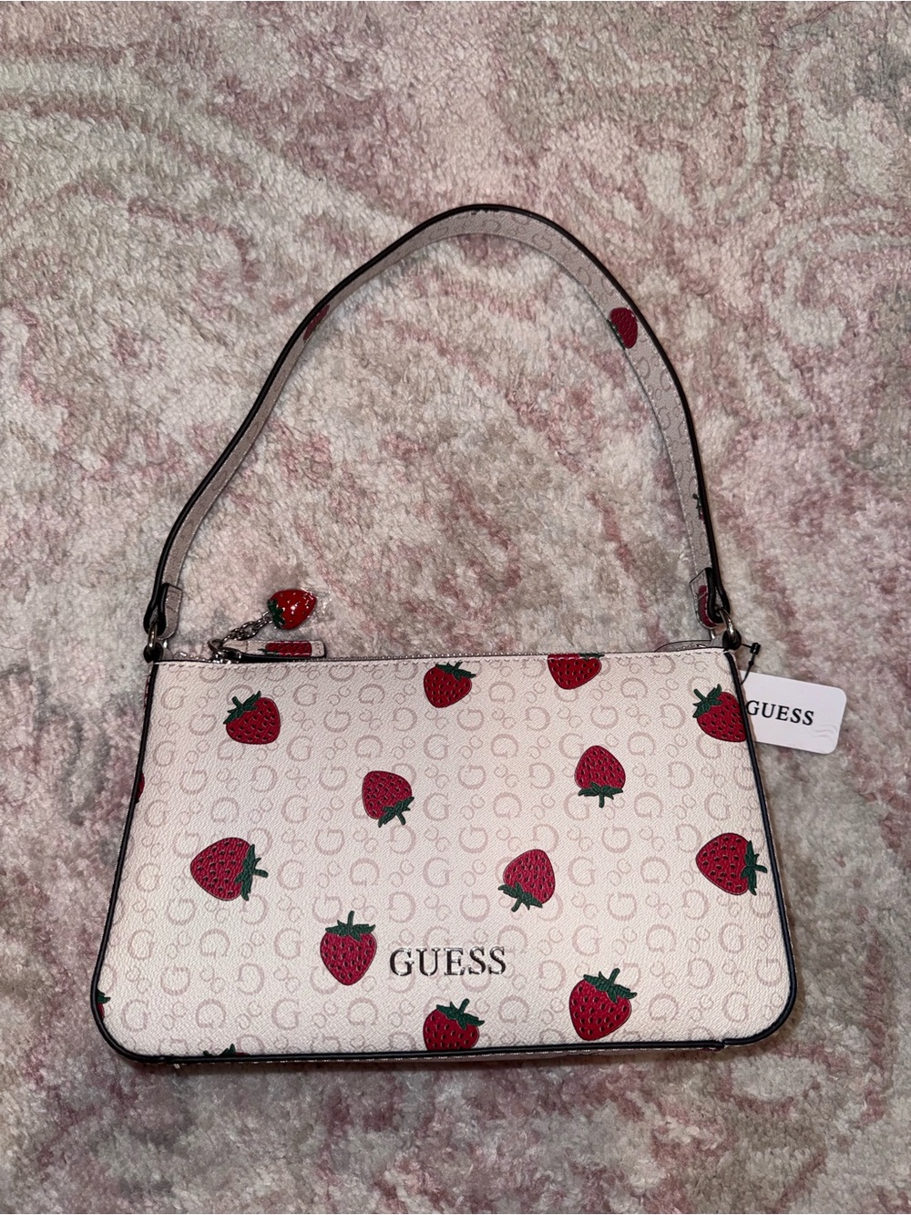 GUESS White Shoulder Bag with Red Strawberry Print